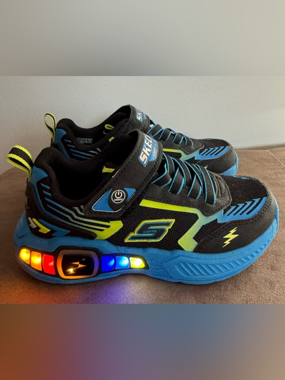 Skechers Kids Light-Up Sneakers in Black, Blue & Neon Green